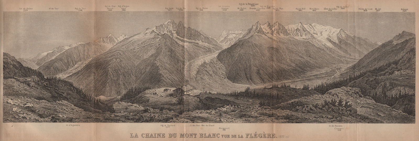 PANORAMA. MONT BLANC MASSIF from FLEGÈRE 1806m. Chamonix. Haute-Savoie 1905 map